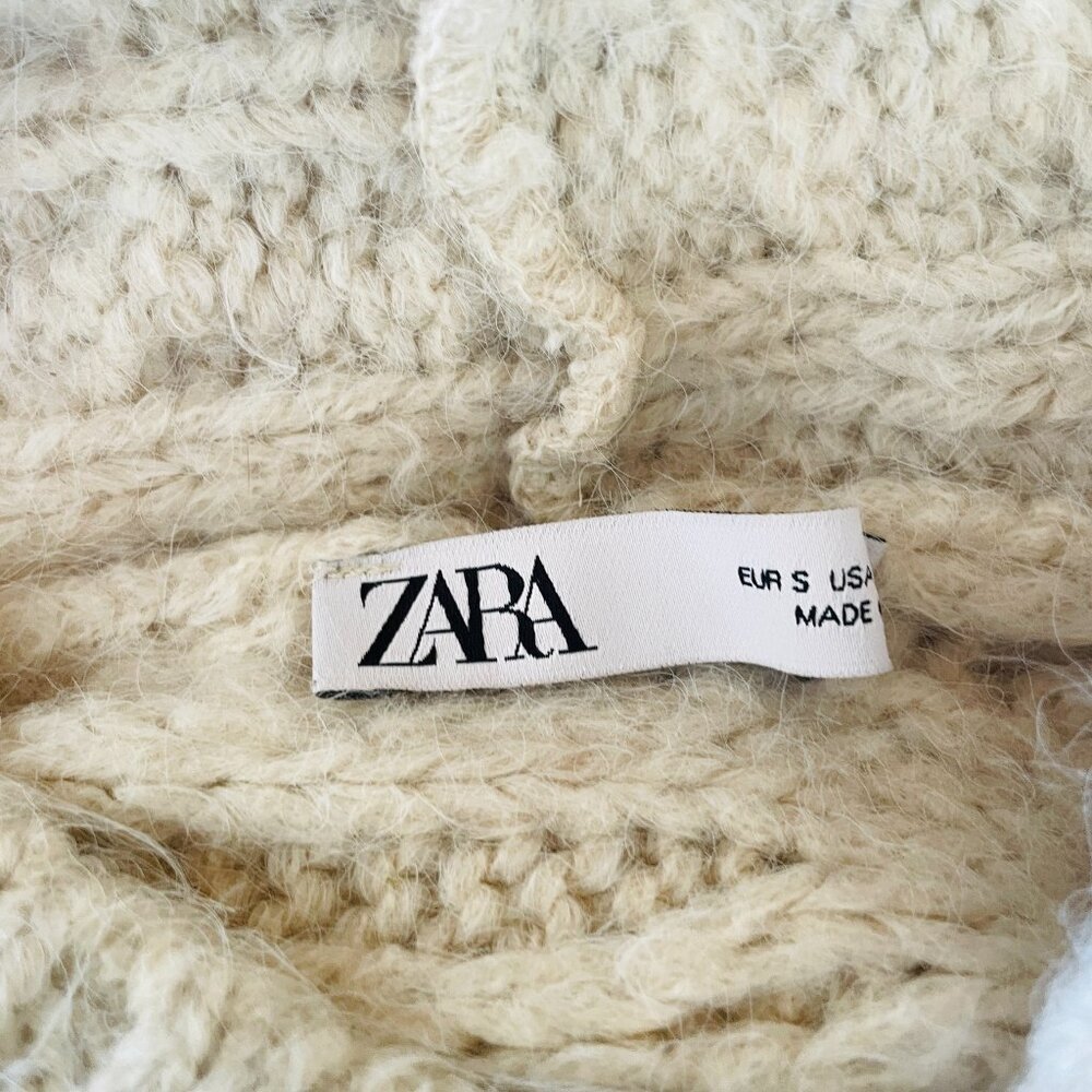 Zara NEW Cream Cable Knit Wool Arm Warmer/Cropped Sweater with Hood - Picture 14 of 16